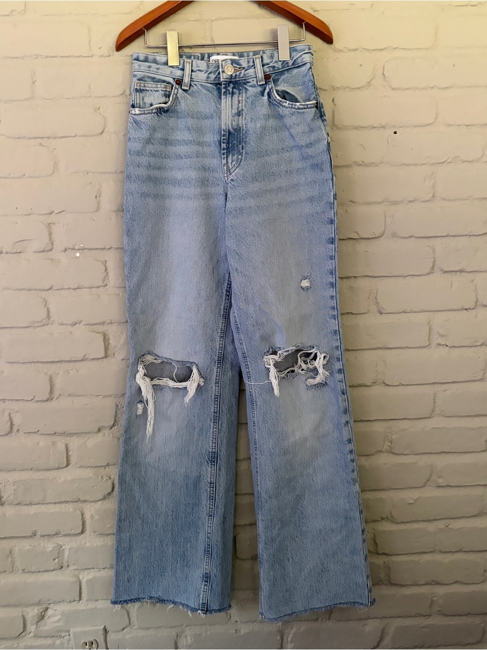 Zara Light Blue Distressed High-Rise Wide-Leg Jeans